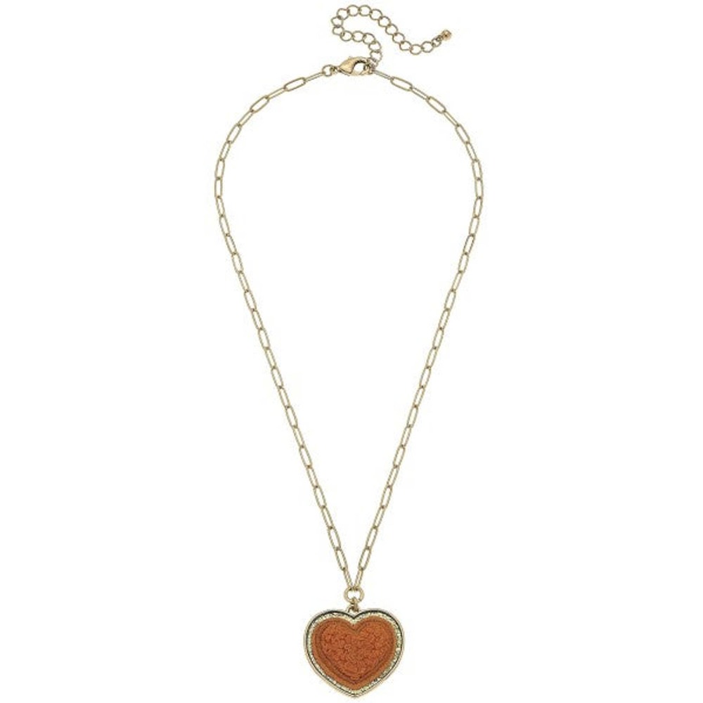 Orange Chenille Glitter Heart Patch Pendant Paperlink Chain Necklace